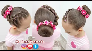 Penteado Infantil Fácil com Trança Falsa e Coque rosquinha / Easy Bun Hairstyle for Little Girls