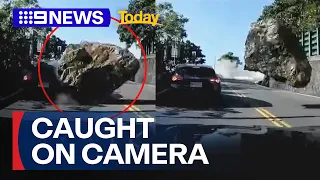 Dashcam footage captures landslide during Taiwan earthquake | 9 News Australia