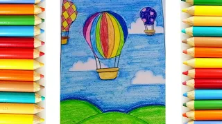 Hot air balloon landscape scenery for kids / step by step for beginners using oil pastels/