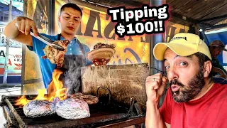 EXTREME Street Food Mexico - CARNE ASADA Tacos - INSANELY Spicy HABANERO Salsa!! - Tipping $100 Dlls