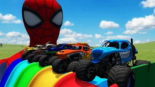 5 MONSTER TRUCKS VS COLOR WATER SLIDE