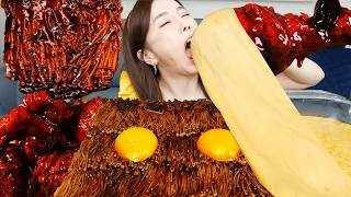 [Mukbang ASMR] Spicy Buldak Chicken 🔥 Cheese Fondue Jjajang Enokimushroom Recipe Eatingshow Ssoyoung