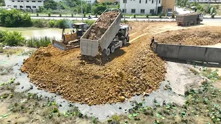 New Project Develop Lend Fill by Mighty KOMATSU D60P Bulldozer Pushing Stone and Truck Spreading