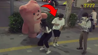 The couples didn't know I was there 😂🧸 Giant Pink Bear Prank!!
