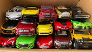Box full of model Cars, Dodge Charger, Beetle, Lamborghini, Ferrari, Camaro, Mercedes Benz.