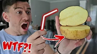 IMPOSSIBLE TRICK - HOW TO CUT A POTATO WITH A STRAW!! *TOP 5 BAR TRICK BETS YOU WILL ALWAYS WIN*