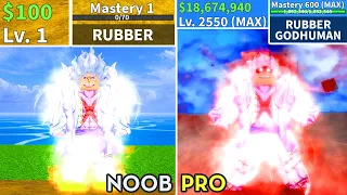 Beating Blox Fruits as Luffy (Gear 5)! Rubber Noob to Pro Lvl 1 to Max Full Human V4 Awakening!