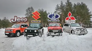 Внедорожники по снегу Mitsubishi Pajero / Jeep Renegade / Suzuki Jimny / BMW x5 / Niva