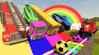 Big & Small Monster Trucks Transportation with Tractor - Cars Racing - Double Flatbed Trailer Truck
