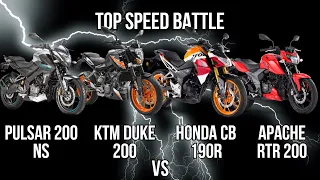 Pulsar 200 vs KTM duke 200 vs Apache RTR 200 vs Honda CB 190r Top Speed Comparison Velocidad máxima