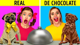 DESAFÍO DE COMIDA REAL VS. DE CHOCOLATE || ¡Bromas graciosas! Test de sabor por 123 GO! FOOD