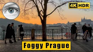 Foggy Prague center walking tour at sunset 🇨🇿 Czech Republic 4k HDR ASMR