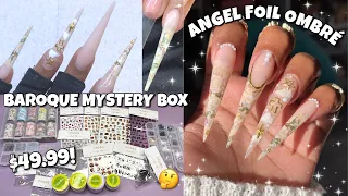 TRYING COLORFUL JULY'S BAROQUE MYSTERY BOX | VINTAGE ANGEL ACRYLIC NAILS | HOW TO APPLY NAIL FOILS