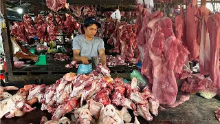 Amazing! Tons of Pork Massive Food Distribution Site Market Scenes @Chbar Ampov Market