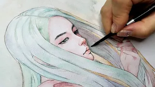 【钢笔淡彩】抽烟的少女写实水彩手绘（二）