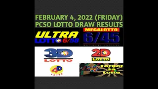 9pm PCSO Lotto Results February 4 2022 Friday 6/58 6/45 3D 2D 4D