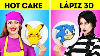 FANTÁSTICO DESAFÍO DE LÁPIZ 3D VS. ARTE DE HOT CAKES || ¡Merlina VS. Pikachu! Ideas DIY de 123 GO!