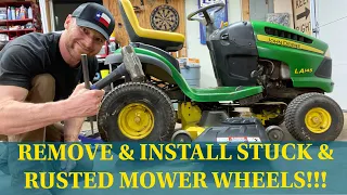 How To Remove Rear Lawn Mower Wheel & Install; STUCK & RUSTY FIX!!