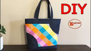 DIY CURVED EDGES GINGHAM MIX DENIM PATCHWORK TOTE BAG SEWING TUTORIAL | PATCHWORK TOTE BAG TUTORIAL