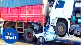 Motorist found ALIVE after being crushed between two trucks