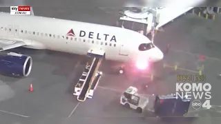 Stunning video shows Delta plane bursting into flames after landing