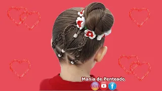 Penteado Infantil Fácil com Coração e Coque Lateral | Easy Bun Heart Hairstyle for Girls ❤