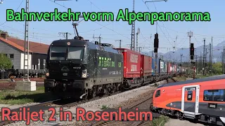 Bahnverkehr vorm Alpenpanorama | Rosenheim mit RJ2, IC1, TXL Werbeloks...