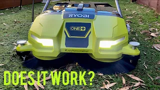 Testing the RYOBI 18v ONE+ motorised sweeper on concrete pavers synthetic grass WATCH BEFORE YOU BUY