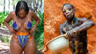 Africa diamond mining and beach girls. Sierra Leone how people live.