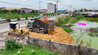 THE New project!! Huge Landfill by bulldozer D20p Komatsu pushing soil Dirt, 5 tons truck unloading