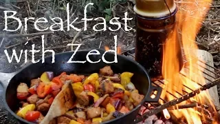 Cast Iron Campfire Breakfast with Zed Outdoors. Foraged Wild Mint Tea. Making a Simple Bench.