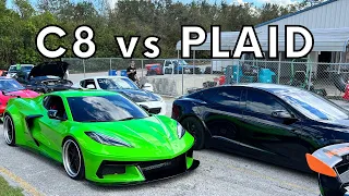 Tesla Plaid vs C8 Corvette : Spectator Drags @CleetusM Freedom Factory