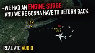 ENGINE SURGE on Takeoff at JFK. Delta Boeing 767. REAL ATC