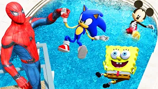 GTA 5 Water Ragdolls Spiderman vs Mickey Mouse vs Sonic vs Spongebob Jumps/Fails (Euphoria Physics)