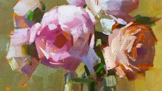 We draw a bouquet of flowers, roses in large strokes. Oil painting