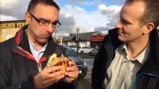 5 live reporter attempts the Double Donut burger but is interrupted...