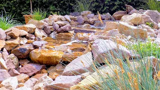 STREAM DETAIL BUILD,START TO FINISH,COMPLETE WATER FEATURE GARDEN TUTORIAL,HOW TO DIY PONDLESS FALLS