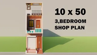 Small 3 bedroom shop design,10*50 dukan or makan ka naksha,Small shop with house plan,3d house map