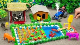 DIY mini Farm Diorama with Aquarium & grow carrots | mini cow house | diy tractor for animals #42