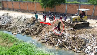 Fantastic Project Building Road by Bulldozer D31P Pushing Stone Waste into water, 5T Tuck Unloading