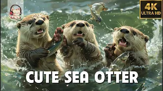 CUTE OTTERS 4K (60FPS) | PIANO Music & STREAM Sound - Relaxing for Energy the Day | #CutiePieces