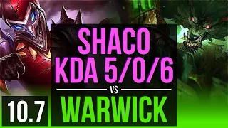 SHACO vs WARWICK (JUNGLE) | 1.4M mastery points, KDA 5/0/6 | EUW Master | v10.7