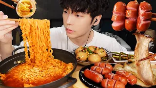 MUKBANG | SOY SAUCE EGGS RECIPE ! Sausages & Mushroom & SPICY NOODLES & KIMCHI ! KOREAN FOODS