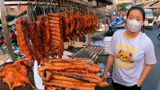 Cambodian street food @ Olympic Local market - Tasty Grilled Duck Pork ribs, fish & Pigs intestine