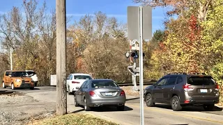 Car Wont Move After Train Passes!  ( Road Rage)  5 Locomotives Take Heavy Train Down The Big Hill