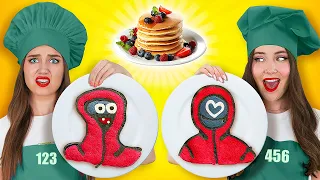 PANCAKE ART CHALLENGE || Who Draws Better Take The Prize!The Squid Game in Real Life by 123 GO! FOOD