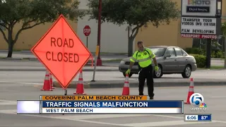 Broken power line disables traffic lights at Okeechobee Blvd. and Indian Road in West Palm Beach