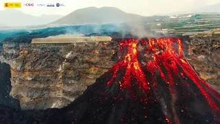 La Palma volcano eruption. Spectacular drone footage of lava flowing into the sea