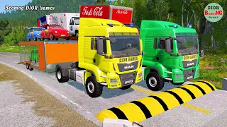 Double Flatbed Trailer Truck cars vs rails tractor vs train cars vs bollards Beamng Drive 435