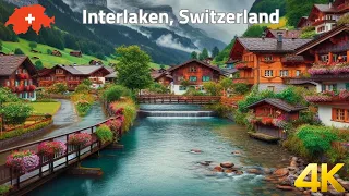Rainy walk in Interlaken, Switzerland 4k - The most beautiful Swiss town - Rain ambience